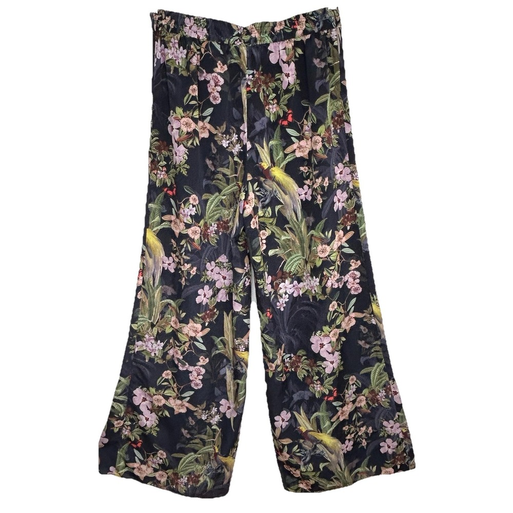 H&M Floral Wide Leg Pants 8 Boho Flowy‎ Vacation Silky Tropical Blue Romantic